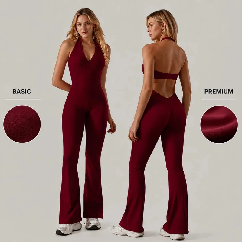 Mono de una pieza con tirantes y cuello de encaje, pantalones acampanados, ideal para yoga y pilates.