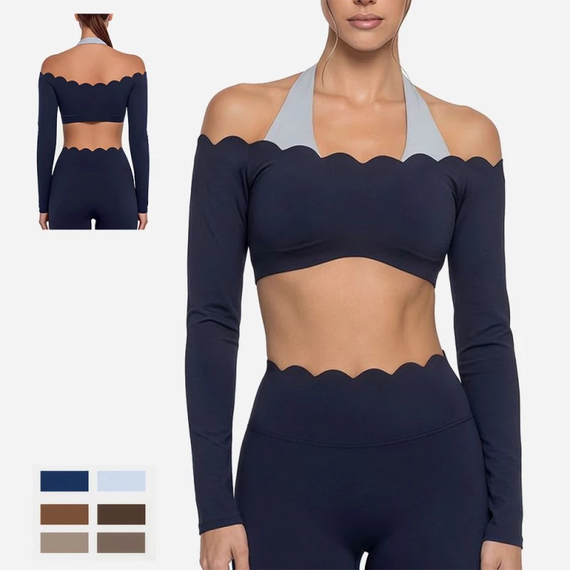 Conjunto de yoga ajustado para mujer con mangas largas, bloques de color y borde con volantes.